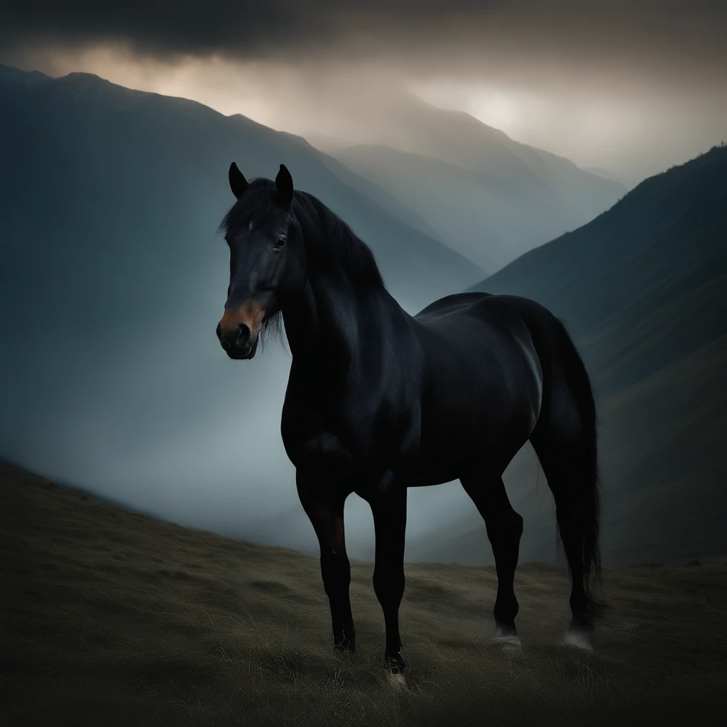 A black horse standing majestically amidst the dark atmosphere of the Caucasus mountains. The horse has a glossy black coat that shimmers in the dim light. Its muscular body is outlined against the misty backdrop of the mountains. The horse's eyes, full of mystery and power, are beautifully detailed, capturing the viewer's attention. The landscape, enveloped in shadows, adds to the sense of mystery and intrigue. The image quality is of the highest standard, with ultra-detailed features and realistic depiction. The masterpiece-quality artwork showcases the horse's strength and elegance in great detail. The color palette is dominated by deep, rich hues, emphasizing the dark atmosphere. Soft, natural lighting accentuates the horse's striking features and highlights its majestic presence.