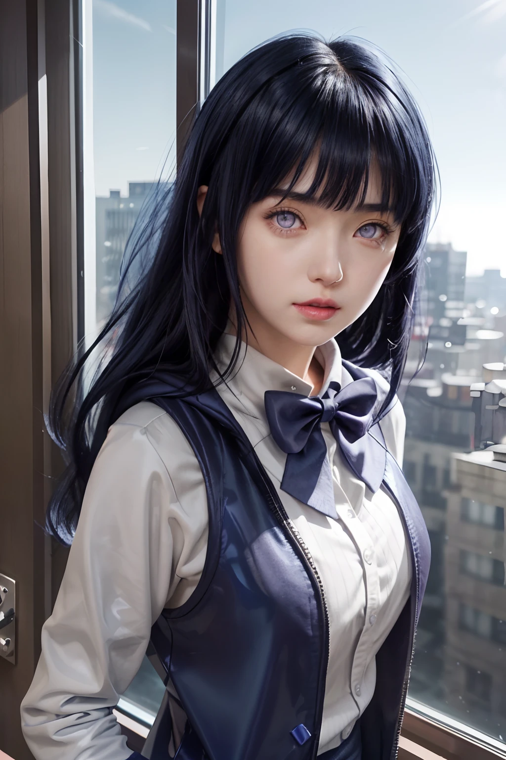 a close up of a person with long hair and a hoodie, hinata hyuga, hinata hyuga from naruto, from naruto, as an anime character, perfect anime face, she has dark blue hair with bangs, female anime character, anime character, anime best girl, hime cut hairstyle, dark blue hair, (red glossy lips:1.3), light purple eyes