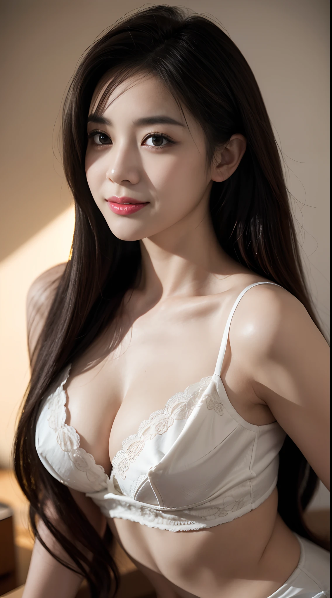 Laura Takizawa, Photorealistic, pinup, beautiful face, highly detailed, realistic digital, looking_at_viewer, Smiling, Playfull, Melancholic, cleavage, voluptous, intricate long hair, studio lighting, hyperrealism, vray, unreal engine, 16k, sharp focus, HDR, DSLR, Fashion designer, 
Eyes wide open staring at you alluringly, Provocative, sexy looks with inviting meanings