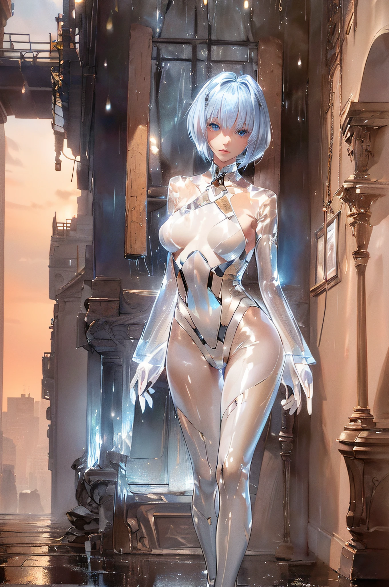 ((4K works))、masterpiece、(top-quality)、1 beutiful girl、Slim body、tall、((Black Y-shirt and white pants、Charming street style))、Please wear one jacket、Wearing a hood to hide his face、(Detailed beautiful eyes)、Morning City、((Rainy city))、Fashionable city with morning rain、During the walk、((Face similar to Carly Rae Jepsen))、((Short-haired white hair))、((Smaller face))、((Neutral face))、((Bright blue eyes))、((American adult women))、((Adult female 26 years old))、((cool lady))、((Like a celebrity))、((Lonely look))、((Korean Makeup))、((elongated and sharp eyes))、((Happy dating))、((boyish))、((Upper body photography))、Professional Photos、((Model photo))、((Shot alone))、((She's under the roof))、((Looking up at the sky))、((photographed from the back))、((She is facing upwards))、((Her eyes are looking upwards))、((Increase the angle of the face))、((She is walking in front of the viewer))