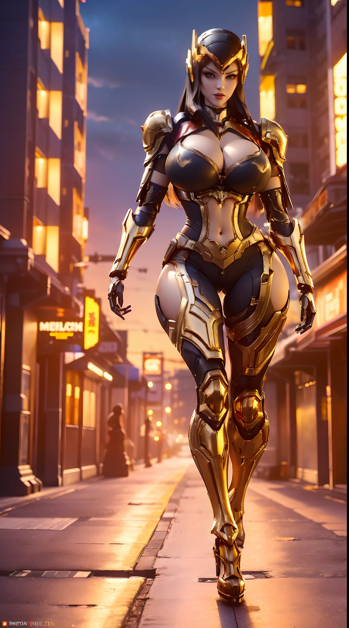 1GIRL, SOLO, (ssmile, makeup, beautifull eyes, red libs, dragon mecha helmet), (BIG BUTTOCKS, HUGE FAKE BOOBS:1.4), (GUARD MECHA ARM), (RED, BLACK, GOLD, FROM OVERWATCH, IN FUTURISTIC ARMOR, GIRL IN MECHA CYBER ARMOR, ROYAL CAPE, CLEAVAGE, SKINTIGHT YOGA PANTS, HIGH HEELS:1.4), (SLENDER BODY, SEXY LONG LEGS, FULL BODY:1.3), (LOOKING AT VIEWER:1), (WALKING DOWN ON STREET NIGHT CITY:1.3), PHYSICALLY-BASED RENDERING, ULTRA HIGHT DEFINITION, 8K, 1080P.
