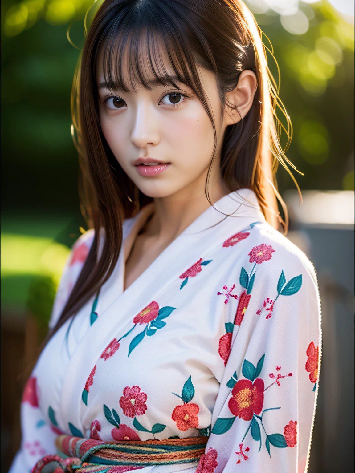 (8K、Raw photography、top-quality、​masterpiece:1.2)、(realisitic、Photorealsitic:1.37)、ultra-detailliert、超A high resolution、女の子1人、see the beholder、beautifull detailed face、A smile、Constriction、(Slim waist) :1.3)、The shirt、Beautiful detailed skin、Skin Texture、floated hair、profetional lighting、full body Esbian、Summer Festival Snapshot。Date wearing a yukata。Yukata at a fireworks display。Yukata at a summer festival。summer evening。Fireworks Festival。