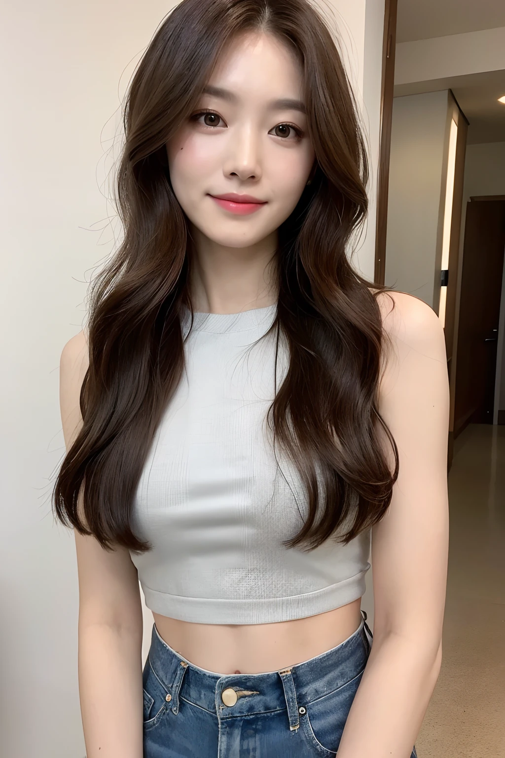 ((Top Quality, 8k, Masterpiece: 1.3)), 1 woman, Beautiful girl with slender abs: 1.3, (Hairstyle random, big: 1.2), Plain clothes: 1.2, Indoor, Ultra detailed face, Detailed eyes, Double eyelids, Long Wavy Brown hair, College student, Smile, Bewitching