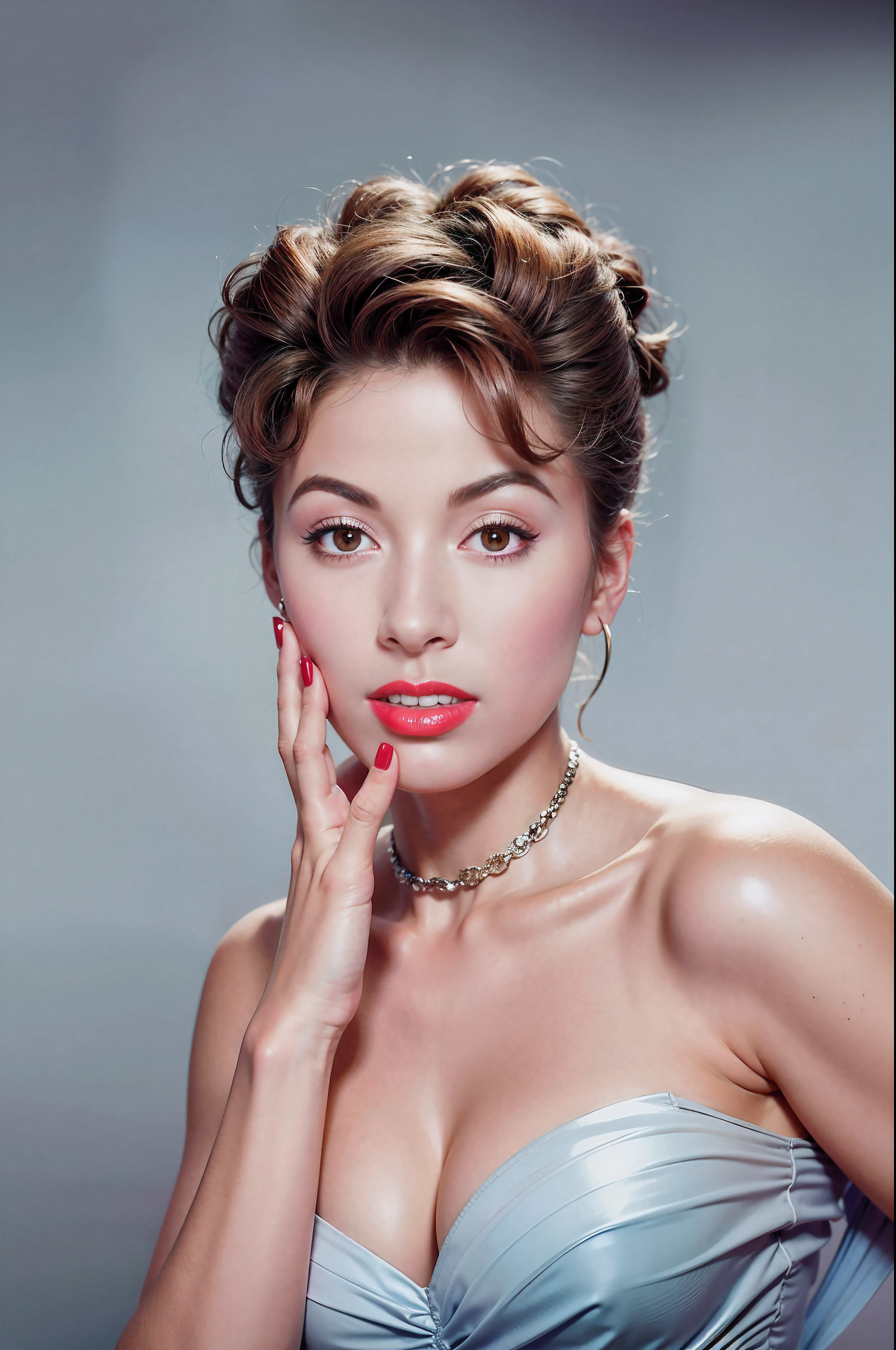 arafed woman with red lipstick and a necklace posing for a picture, vintage color photo, sixties pinup, color studio portrait, retro pinup model, old color photo, vintage makeup, glamour portrait, portrait of modern darna, 5 0 s style, 50s style, retro 5 0 s style, 1950s vibes, photo of a beautiful woman, High quality image, masterpiece, detailed hair texture, detailed skin texture, detailed cloth texture, 8k, add fabric details, ultra detailed skin texture, ultra detailed photo, skin pores, cloth details, high skin details, realistic hair details