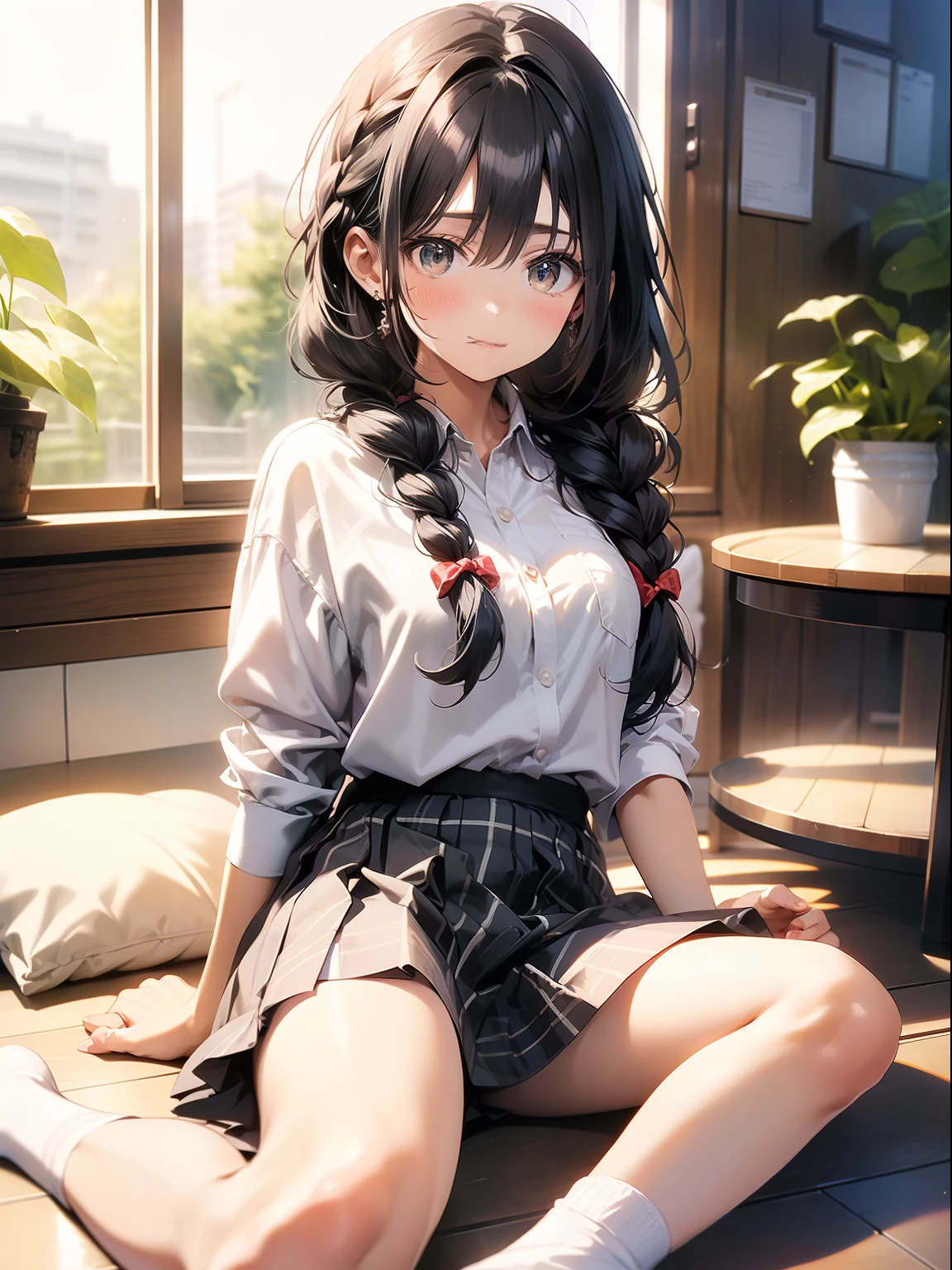 (nsfw), Highest quality, 8k, High resolution, One girl, small breasts, High-quality texture, Intricate details, CG, High Quality Shadows, Written boundary depth, Ray Tracing, cowboy shot, ((no hat : 1.3)), shoot from side, Looking at viewer, (smock blouse, long skirt, a ruffled skirt), (Eye color is brown), (Brown Hair, medium hair, wavy hair, shiny hair), sitting pose, spread legs, relaxed pose, sit in a sofa