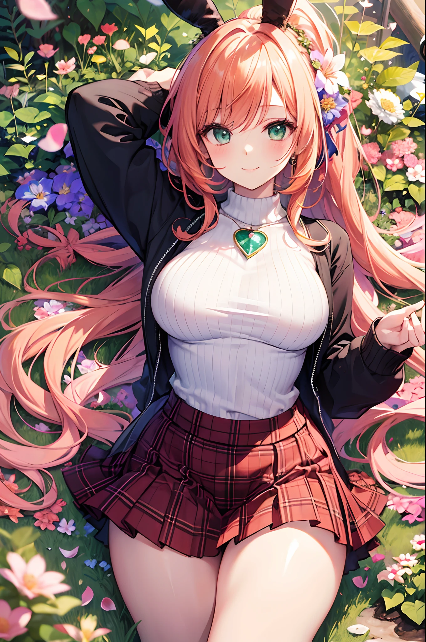 Realistic and detailed image of a girl dressed in a pink sweater with no neckline and a plaid mini skirt with pleats. She has long orange hair in a ponytail. Emerald eyes. She has bunny ears and tail, long eyelashes and a playful smile. She has medium breasts, slim waist, wide hips and thick thighs. She poses sensually. She is in a garden with flower petals falling around her.