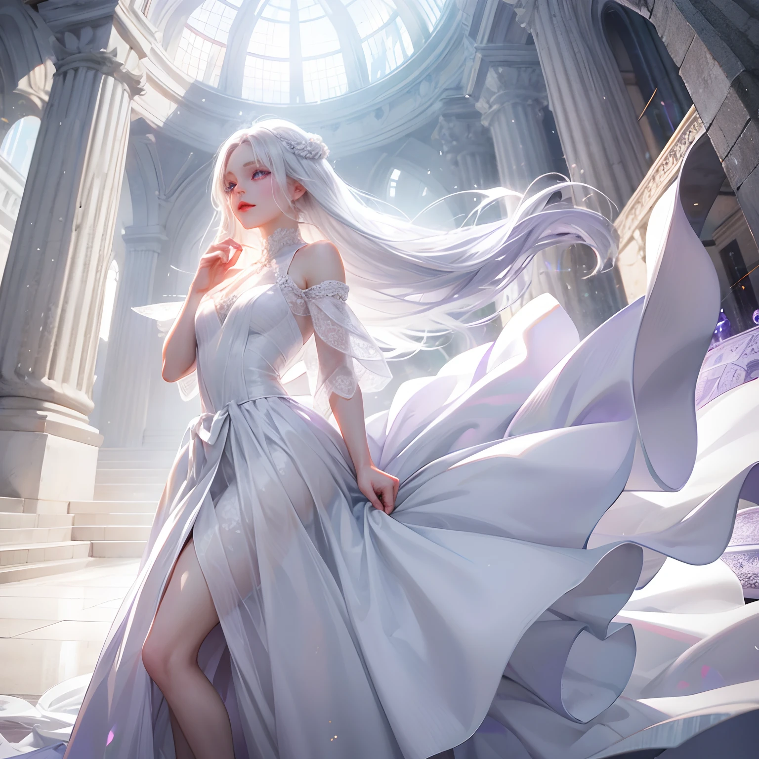 a women, white hair, purple eyes, white dress