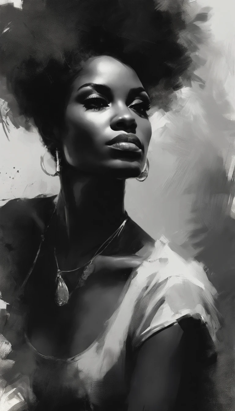 an image of a black woman with Afro , in the style of russ mills, michael garmash, charming sketches, mono-ha, contemporary African-American art, lilia alvarado, concise brushwork --ar 69:128 --s 750 --v 5. 2