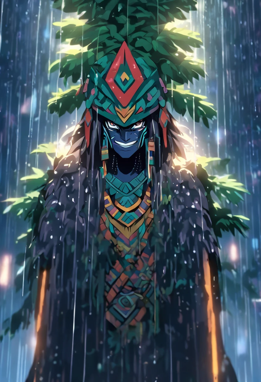 (((Rain God))) best quality, very high resolution, detailed CG in 4K, masterpiece, Aztec mythology, rain god, Tlaloc, green feathers, trees in the background, Mexico, standing pose, Aztec clothes, Aztec city,((full body)), aesthetic, beautiful image, centered on screen, standing pose