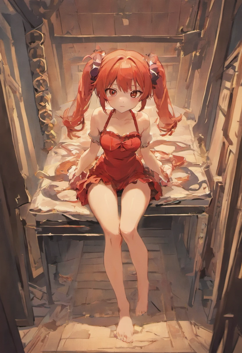 Anime two-dimensional style double ponytail girl red pupil girl black miniskirt，White over-the-knee stockings，is shy，Lie on your back，on top of the bed，The clothes are wet，Spread your legs apart，revealing white panties