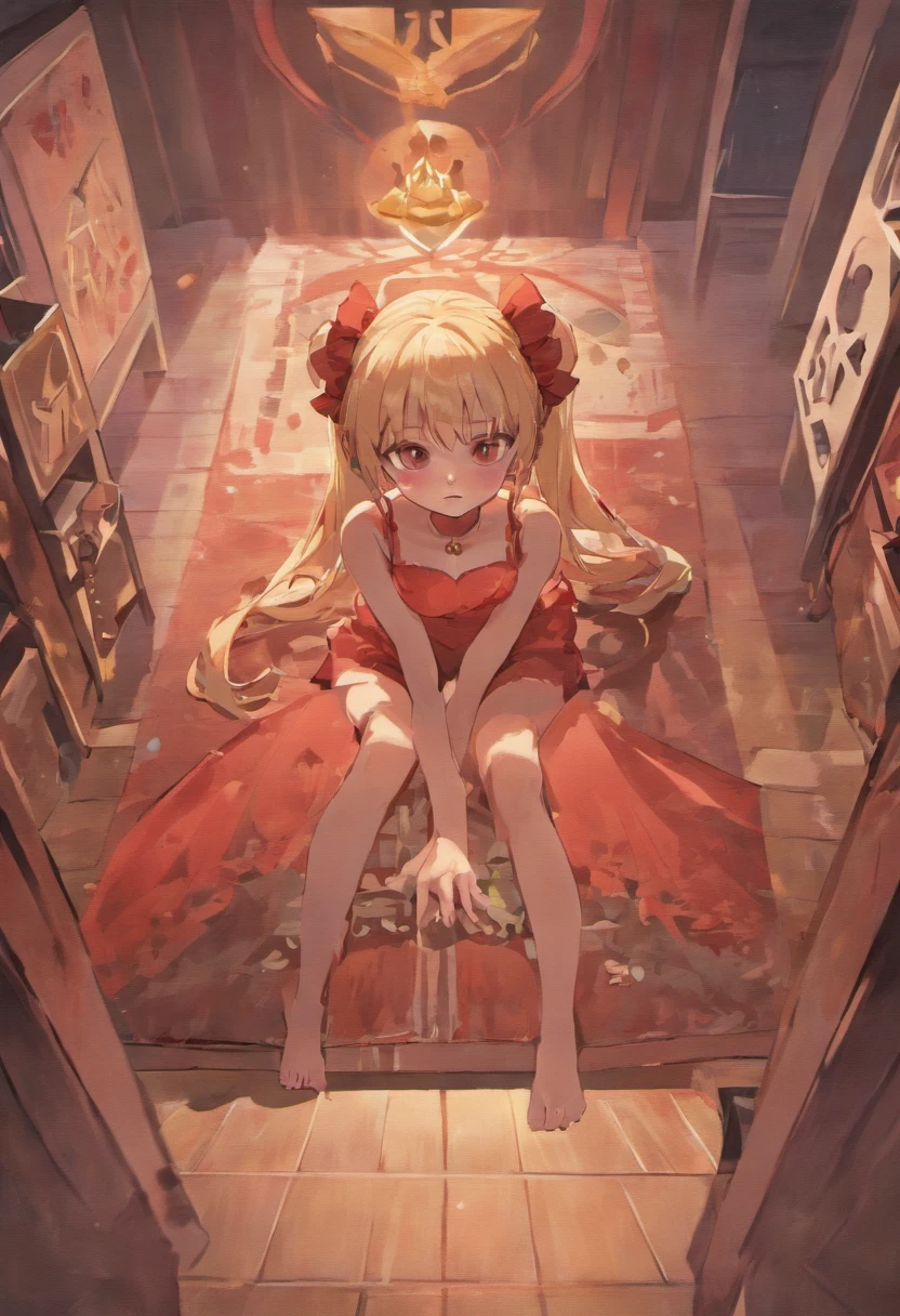 a girl in costume laying on the floor of a room with other items, 1girl, klee (genshin impact), underwear, ass, white panties, panties, soles, hat, solo, feet, toes, dress, red dress, pointy ears, looking back, open mouth, blonde hair, red eyes, gloves, from behind, legs, twintails, red headwear, barefoot