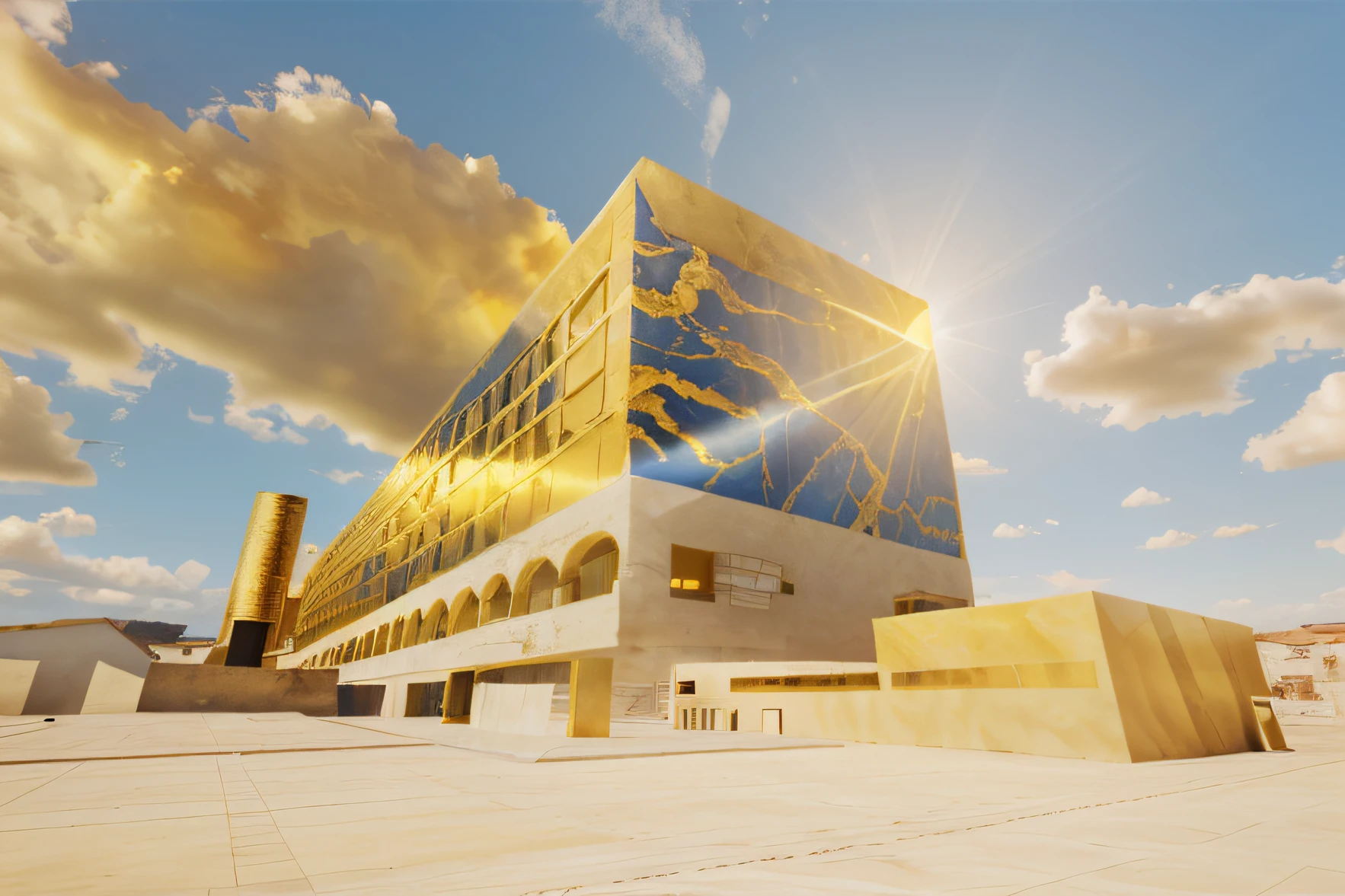 golden marble effect, blue sky, sunlight (3:1)
