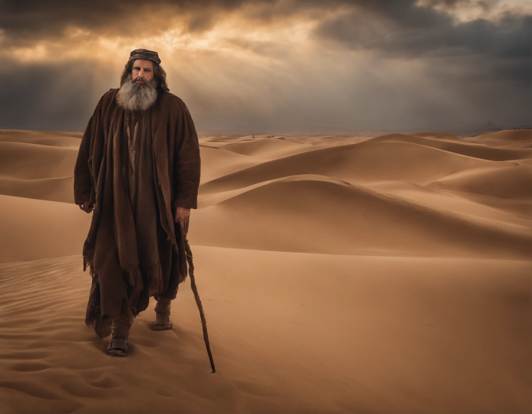 um homem encapuzado andando no deserto, holding a staff and a hand, with a sky background, portrait of bedouin d&d, ainda de um filme live action, Directed by: Étienne Delessert, Disparo IMAX, James Gurney e Andreas Rocha, Filme ainda de Duna 2020, medium shot of two characters, Danube, Sony Fotos, 4k ainda, Movie image of biblical prophet, he looks up to heaven and cries out to God to hear him, com tons quentes e terrosos, e sombras profundas, has a wise expression, --V 5 --Estilizar 1000, Biblical prophet cries out to God for the lives of his people, obra-prima, detalhes intrincados, cinemactic, The biblical prophet looks to heaven, A beautiful blue sky with some clouds, It's in the Sinai Desert, em uma colina, In the background is the desert and a small biblical village in the background, 50-Year-Old Biblical Character, no deserto: epic realistic, Soft cinematic portrait, Adobe Lightroom, photographic lab, altamente detalhado, desbotado, arte de greg rutkowski e artgerm ,cores neutras: 1,2), (HDR: 1,4) , (cores suaves:1.2), hiperdetalhado, (art-station:1.4), cinemactic, luzes quentes, dramatic light, (detalhes intrincados:1.1), fundo complexo, (Rutkowski:0.66), (azul e laranja:0.4), cinemactic, wears a brown robe and is looking up at the sky, (((olhos perfeitos, expressivos))), 8k, olha para cima, to the sky still blue, ((olhar perfeito, Expressivo))), (((apenas um homem))), ((barba curta grisalha e cabelo curto grisalhos)), Looking Up The Sky, (((olhos perfeitos)) Epic image, cinematographic, Cinematic 8K, imagem de meio corpo, plano americano, He is alone and his eyes staring at the blue sky with some clouds, (((olhos bem detalhados, very sharp, expressivos))) ((tem barba curta e cabelo curto grisalho)), 8k, cinemactic, obra-prima, (((um homem))), ((((is alone in the desert)))), olhos perfeitos e expressivos, It's just a man and it's alone,