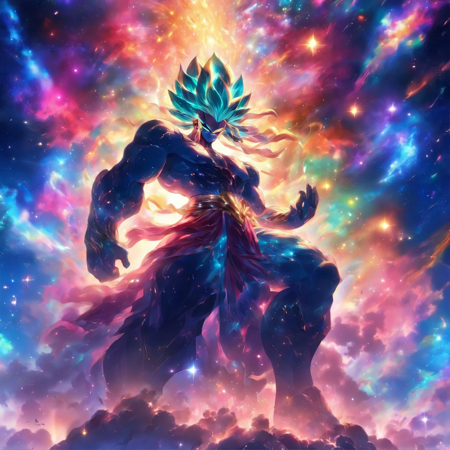 An ethereal god of the galaxy seated on a magnificent cosmic throne, with a mysterious masked face. Their muscular body is armored and composed of swirling galaxies, emanating cosmic energy. The scene is bathed in a mesmerizing multicolored glow, as celestial bodies orbit around them --s 150 --ar 1:1 --c 5 --v 5.2