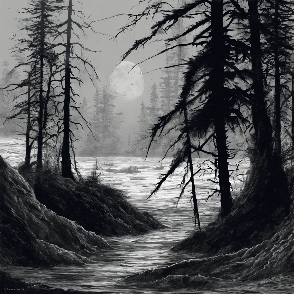 Several, tall trees, ocean, dark, creepy, unsettling, realistic