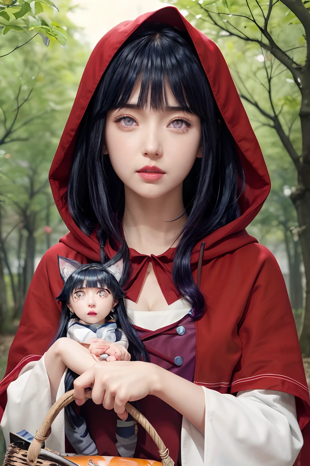 a close up of a person with long hair and a hoodie, hinata hyuga, hinata hyuga from naruto, from naruto, as an anime character, perfect anime face, she has dark blue hair with bangs, female anime character, anime character, anime best girl, hime cut hairstyle, dark blue hair, (red glossy lips:1.3), light purple eyes