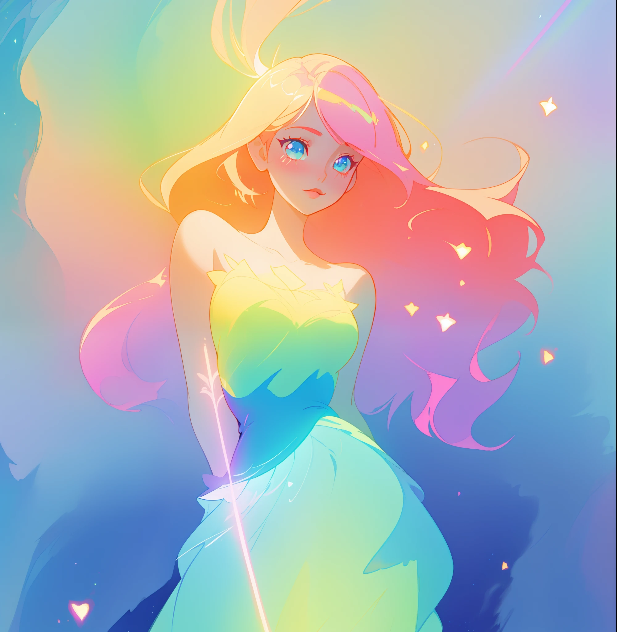 beautiful girl in colorful muti-layered ballgown, vibrant pastel colors, (colorful), magical lights, sparkling lines of light, inspired by Glen Keane, inspired by Lois van Baarle, disney art style, by Lois van Baarle, glowing aura around her, by Glen Keane, jen bartel, glowing lights! digital painting, flowing glowing hair, glowing flowing hair, beautiful digital illustration, fantasia background, whimsical, magical, fantasy, beautiful face, ((masterpiece, best quality)), intricate details, highly detailed, sharp focus, 8k resolution, sparkling detailed eyes, liquid watercolor