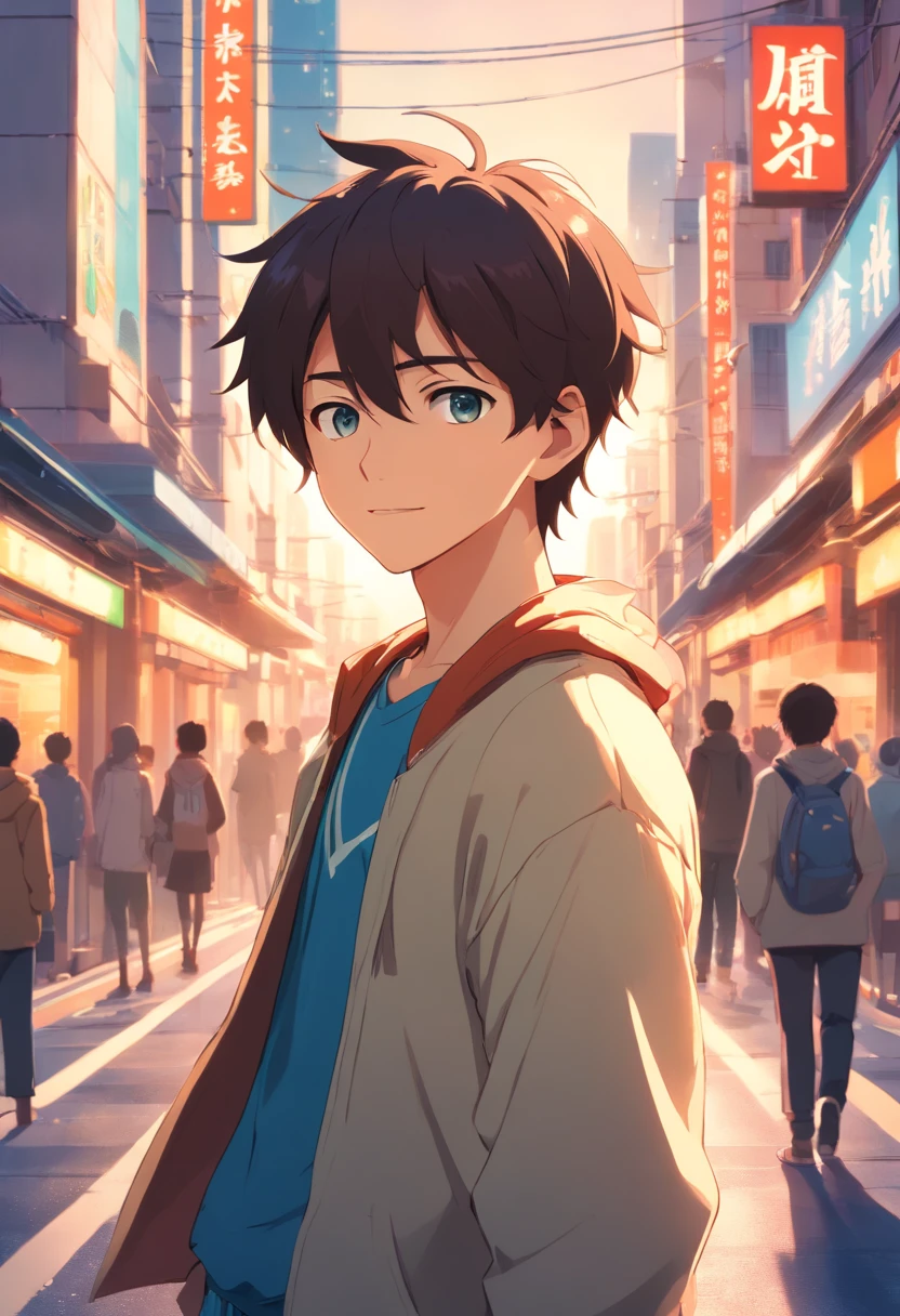 A boy, transformed into an anime style, with exaggerated unique facial features and clothing, standing on a bustling city street, backlit background highlighting the subject, high-contrast colors, 4K high-definition quality,young, smiling, handsome