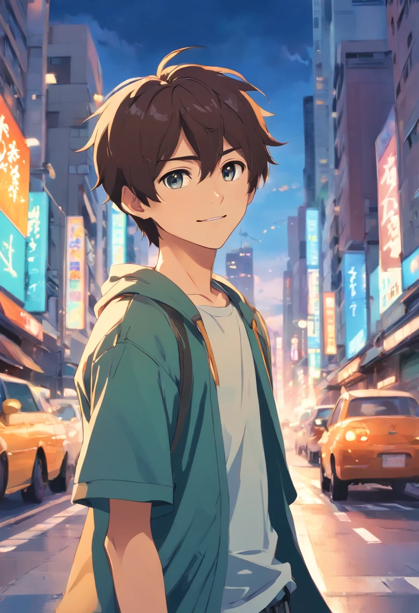 A boy, transformed into an anime style, with exaggerated unique facial features and clothing, standing on a bustling city street, backlit background highlighting the subject, high-contrast colors, 4K high-definition quality,young, smiling, handsome