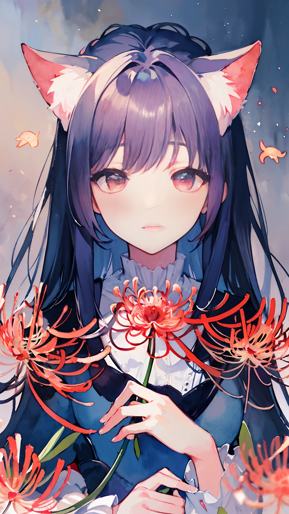 (Best Quality, High resolution, ultra-detailliert: 1.3), (Watercolor painting: 1.3), flower, (Red Spider Lily: 1.3), With a touch of absurd, Break in the impressionist style: 1.4), Gentle brush strokes, Fleeting light, Intriguing atmosphere, Breaks in soft colors, Depth of atmosphere, Hazy edges, Visual poetry: 1.8), She has cat ears