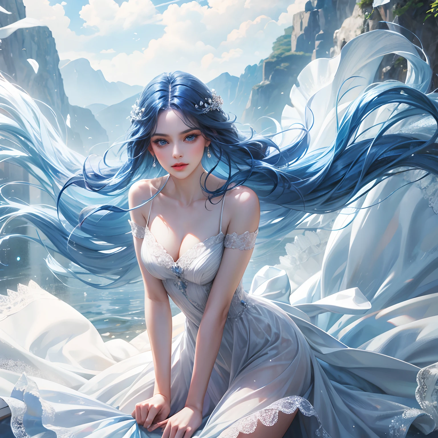 a women, blue hair, blue eyes, white dress