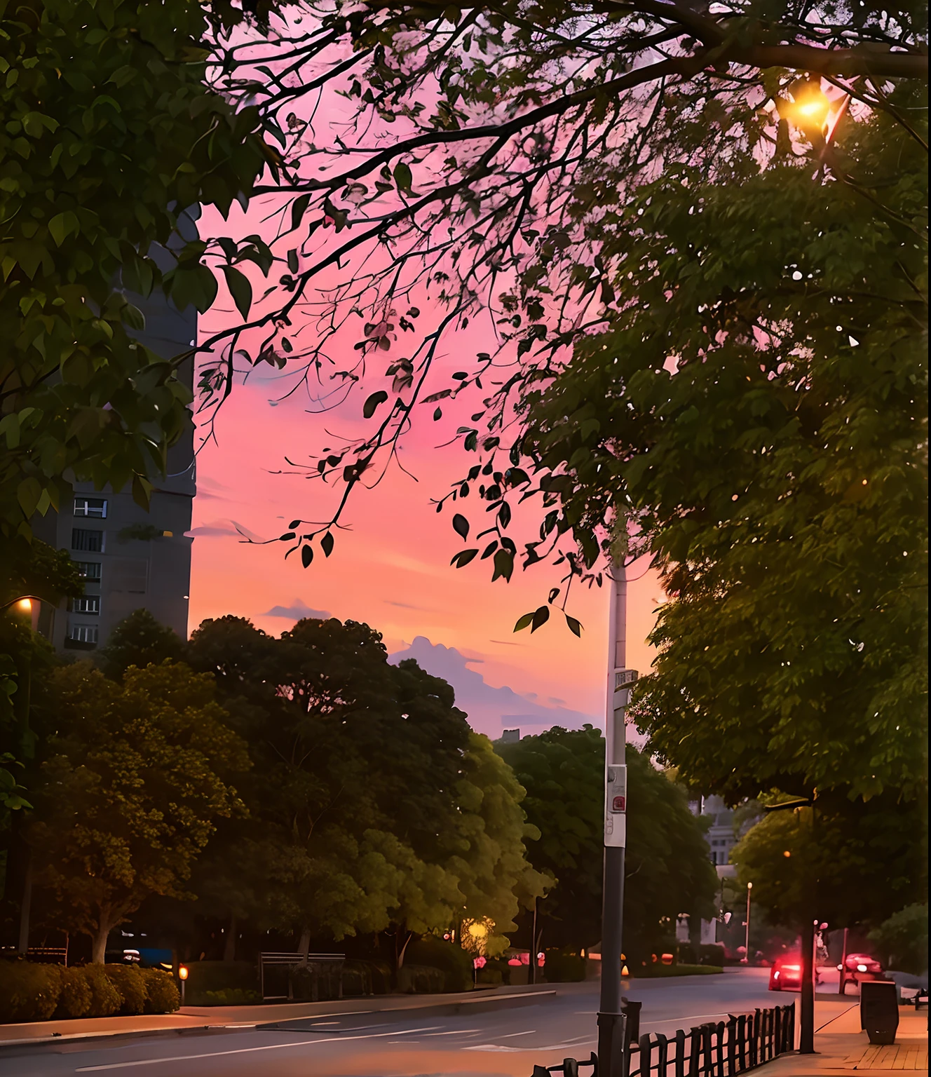 Trees and benches on the city sidewalk at dusk, pink skies, pink sunset hue, pink golden hour, the colours of the sunset, late summer evening, colours of the sunset, In the evening, Pink sunset, deep in the night, vibrant sky, sunset with falling leaves, early evening, shot on iphone 1 3 pro max, Colorful sunset!!