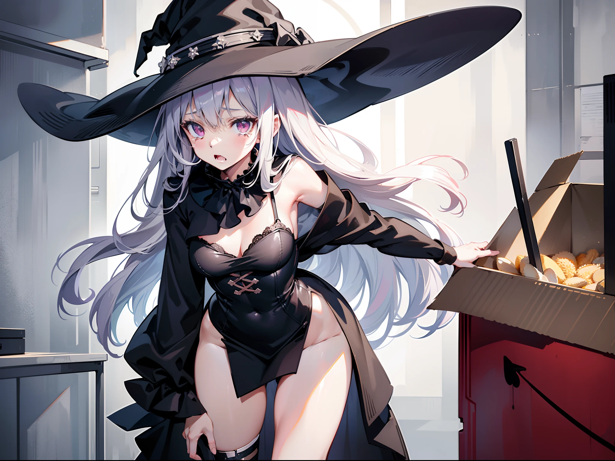 1 girl, character focus, close to viewer , cowboy shot, from side, ((lift up cardboard box)), ((?????????)), witch hat ,mournful, tears,open mouth, light gray hair, pale pink eyes, background room,high resolution,(incredibly absurdres),anime visual,extremely detailed CG unity 8k wallpaper, ((masterpiece)), ((top-quality)), (beautiful illustration), ((an extremely delicate and beautiful))