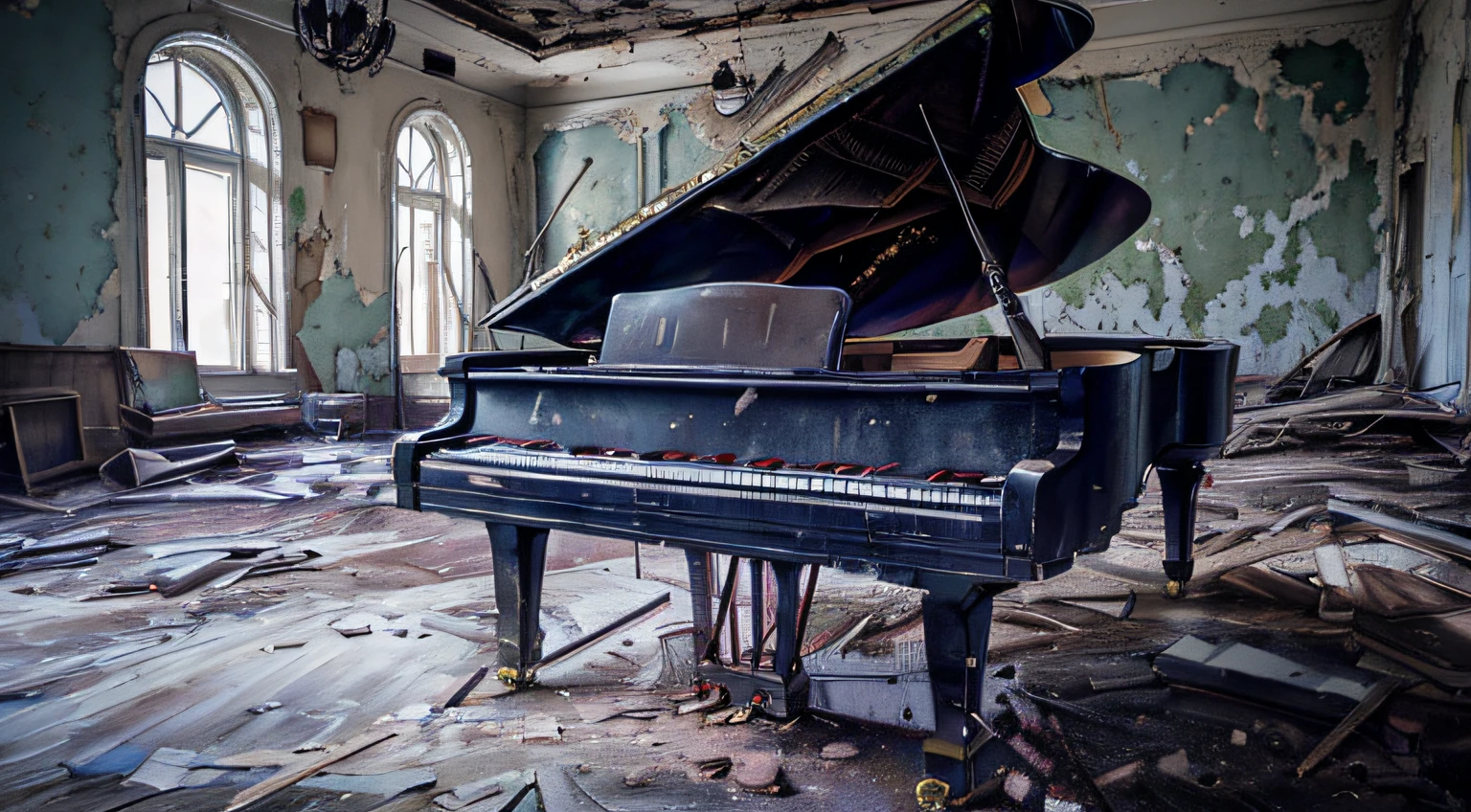 a close up of a grand piano in an abandoned room, abandoned vibes, abandoned, an abandoned, pianos, grand piano, abandoned places, piano in the background, urbex photography, an abandoned old, piano, abandoned spaces, beautiful decay, in a derelict house, real pianos, full piano, decayed, urbex, decay, everything seems abandoned