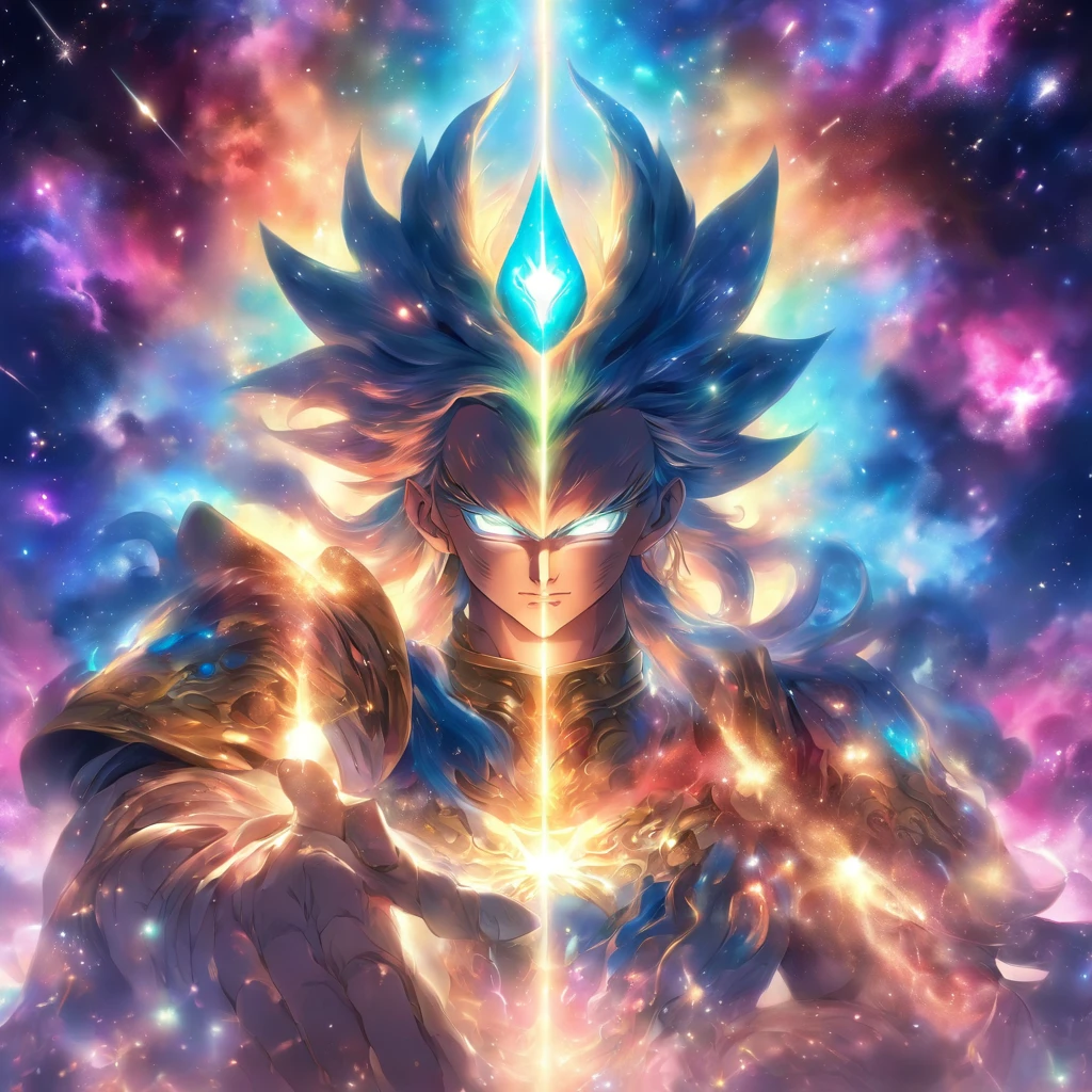 A majestic god of the galaxy seated on a celestial throne, adorned with an enigmatic mask. Their awe-inspiring physique is adorned with armor comprised of swirling galaxies, emanating a sense of cosmic power and mystery. The image should be highly detailed, with a focus on intricate galactic formations. The composition should be centered, showcasing the god's commanding presence.