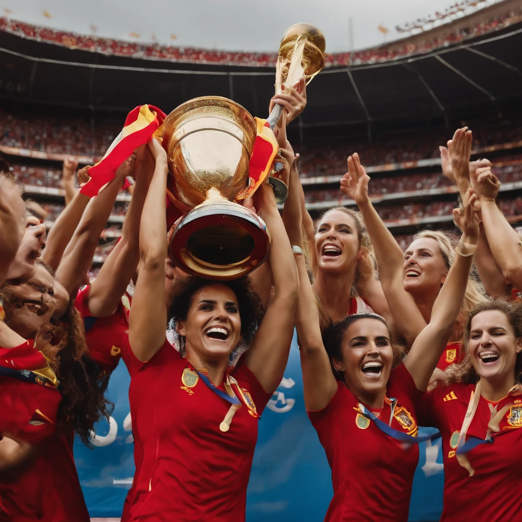 Naked Spanish women's football team lifting world cup trophy