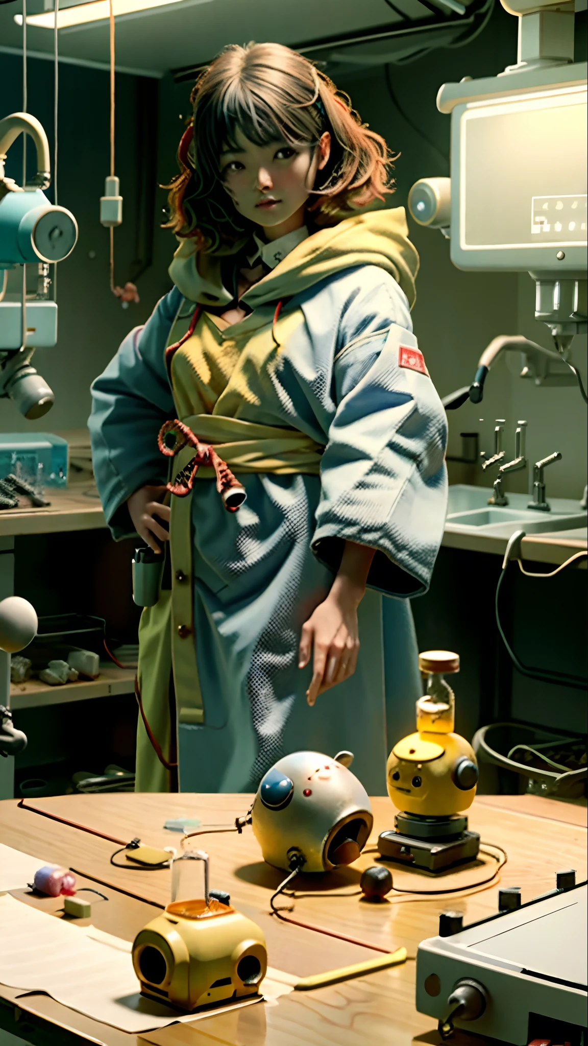 Japanese scientist conducting experiments on a japanese victim in a decrepit operating room, disney pixar style