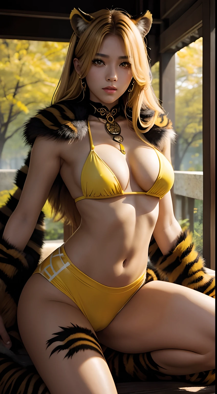 She is a tiger beastman、Yellow eyes、Yellow and beautiful skin、