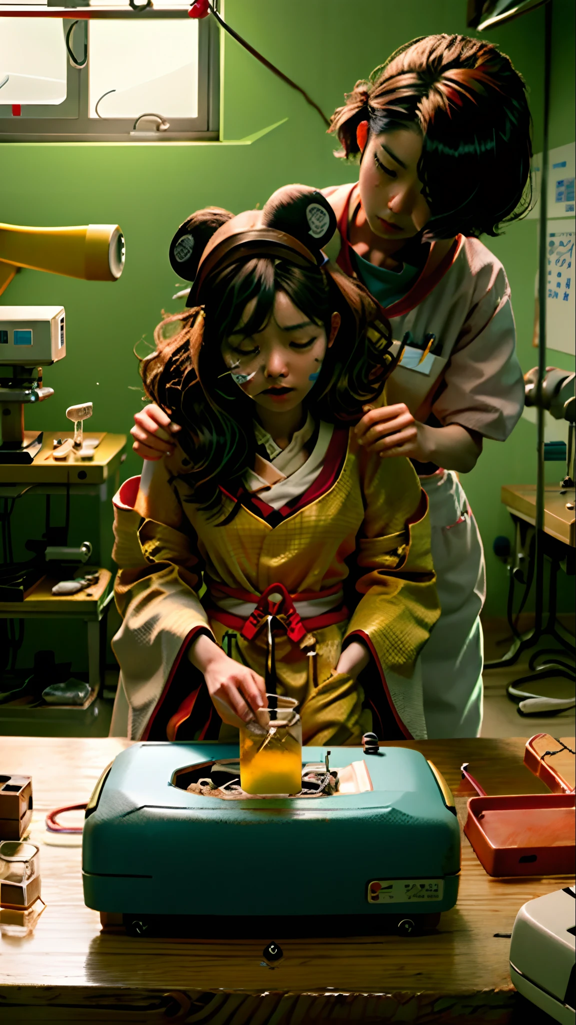 Japanese scientist conducting experiments on a japanese victim in a decrepit operating room, disney pixar style