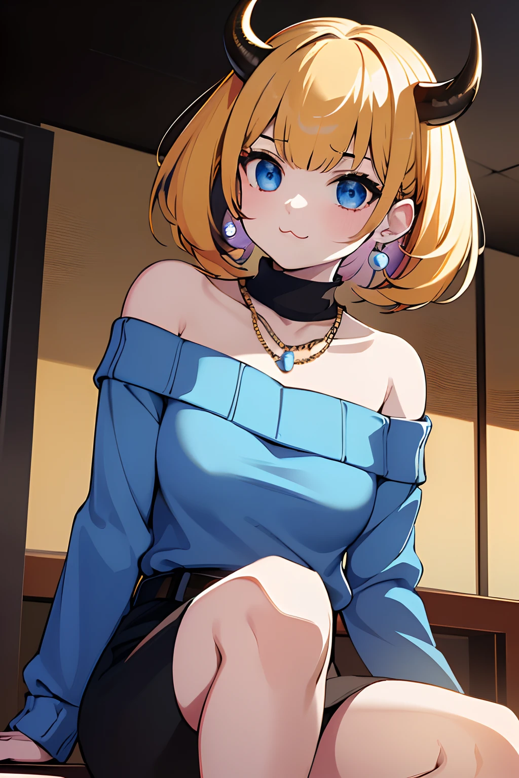 Masterpiece,Best Quality, ultra resolution, Extremely detailed,
1girl,MEMCHOmulticolored hair, blonde and black hair, Short hair, blue eyes, (:3 :1.4)
(blue sweater, black undershirt, SHIRT UNDER THE SWEATER, Off-the-shoulder top)
pearl necklace, earings, Horns