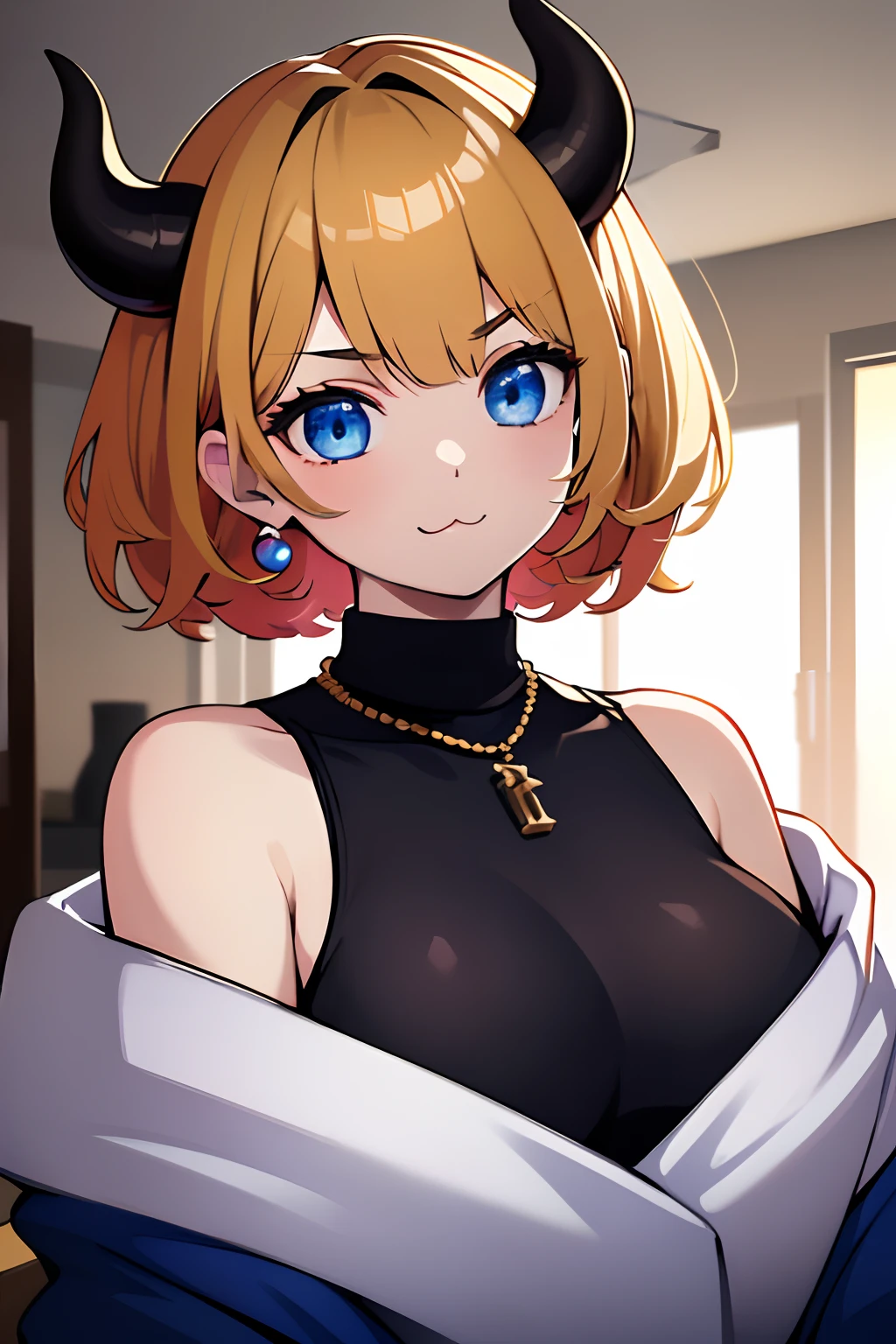 Masterpiece,Best Quality, ultra resolution, Extremely detailed,
1girl,MEMCHOmulticolored hair, blonde and black hair, Short hair,  blue eyes,  (:3 :1.4)
(blue sweater, black undershirt, SHIRT UNDER THE SWEATER, Off-the-shoulder top)
pearl necklace, earings, Horns