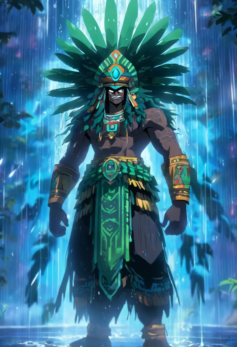 (((Rain God))) best quality, very high resolution, detailed CG in 4K, masterpiece, Aztec mythology, rain god, Tlaloc, green feathers, trees in the background, Mexico, standing pose, Aztec clothes, Aztec city,((full body)), aesthetic, beautiful image, centered on screen, standing pose