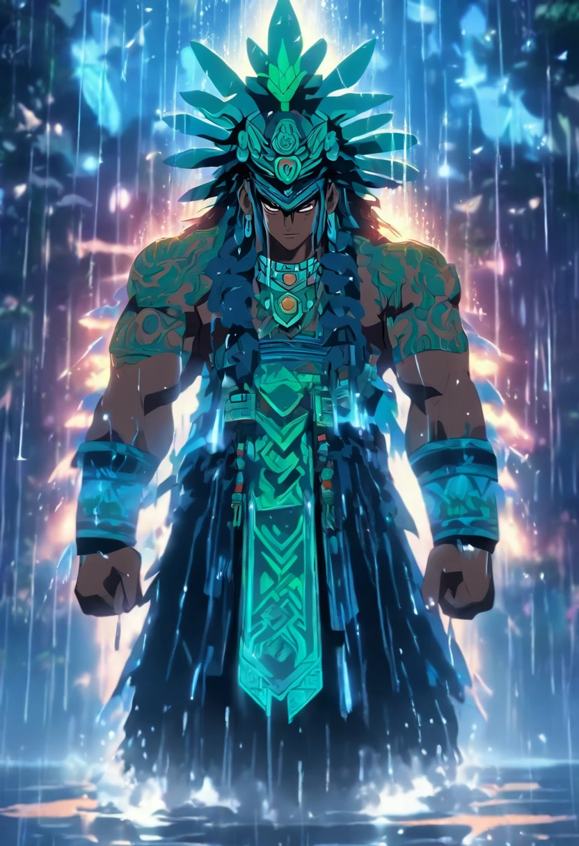 (((Rain God))) best quality, very high resolution, detailed CG in 4K, masterpiece, Aztec mythology, rain god, Tlaloc, green feathers, trees in the background, Mexico, standing pose, Aztec clothes, Aztec city,((full body)), aesthetic, beautiful image, centered on screen, standing pose