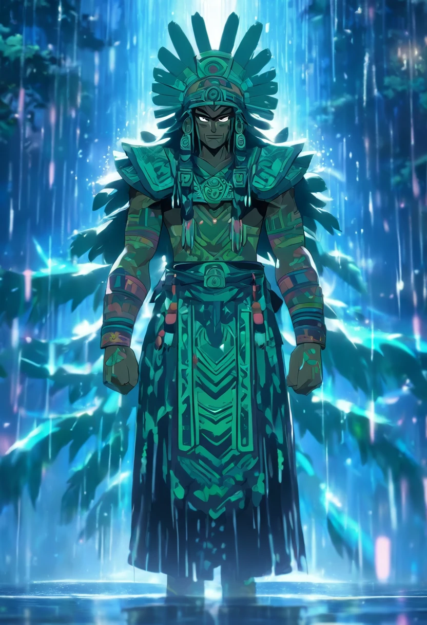 (((Rain God))) best quality, very high resolution, detailed CG in 4K, masterpiece, Aztec mythology, rain god, Tlaloc, green feathers, trees in the background, Mexico, standing pose, Aztec clothes, Aztec city,((full body)), aesthetic, beautiful image, centered on screen, standing pose