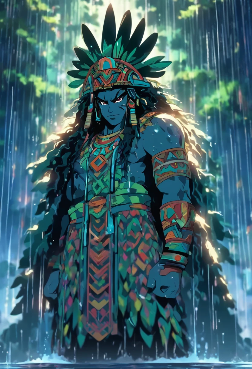 (((Rain God))) best quality, very high resolution, detailed CG in 4K, masterpiece, Aztec mythology, rain god, Tlaloc, green feathers, trees in the background, Mexico, standing pose, Aztec clothes, Aztec city,((full body)), aesthetic, beautiful image, centered on screen, standing pose