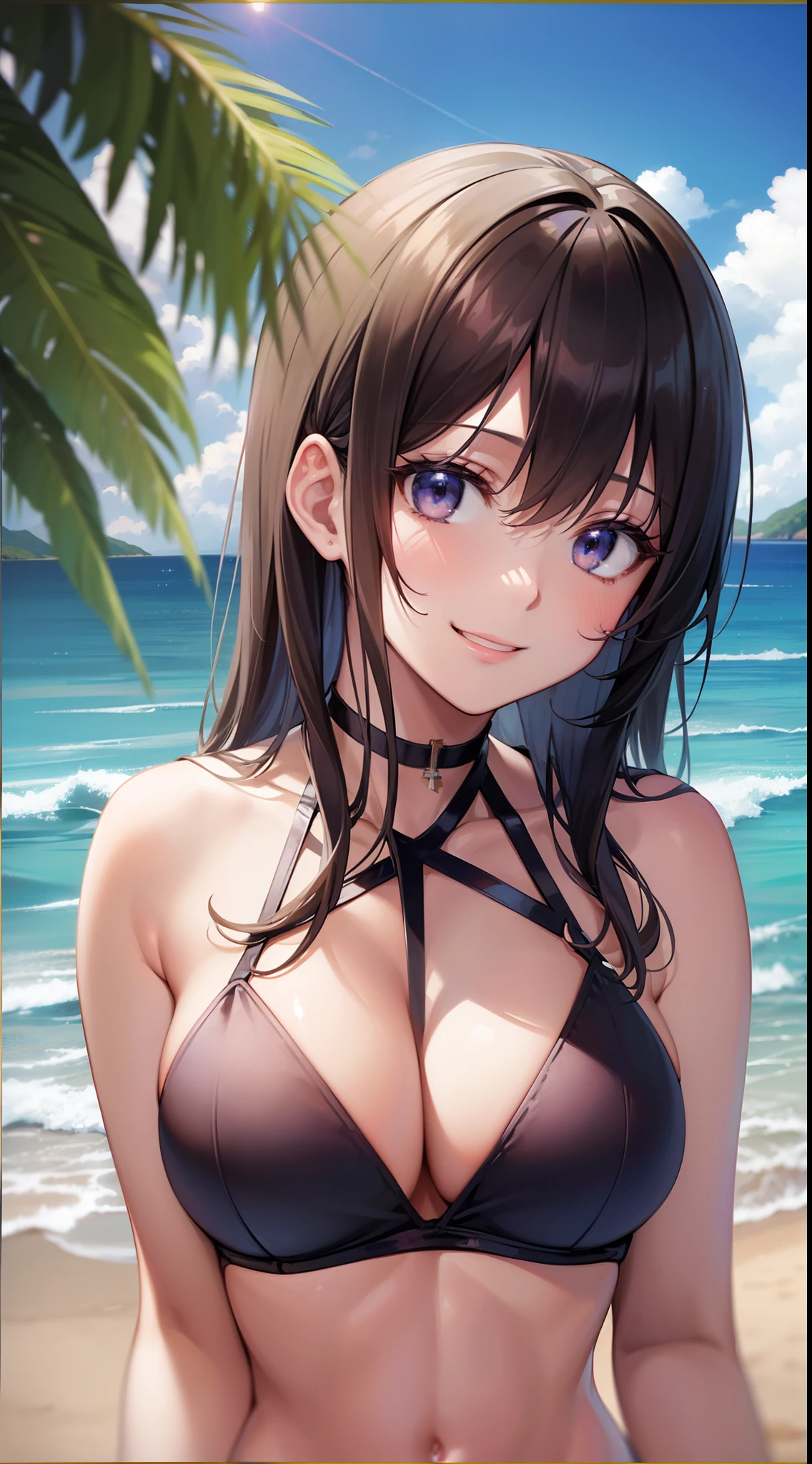 ((Finest quality)),(超A high resolution),(ultra-detailliert),((Best Anime)),sharpnes,vivid:1.1,The Art of Phenomenal Depictions,suns:1.2,blue-sky:1.6,Resort Beach:1.4, ((1adult woman),Glamorous Body,(Cross Halter neck 1.5),a smile:1.4),Gravure Pose