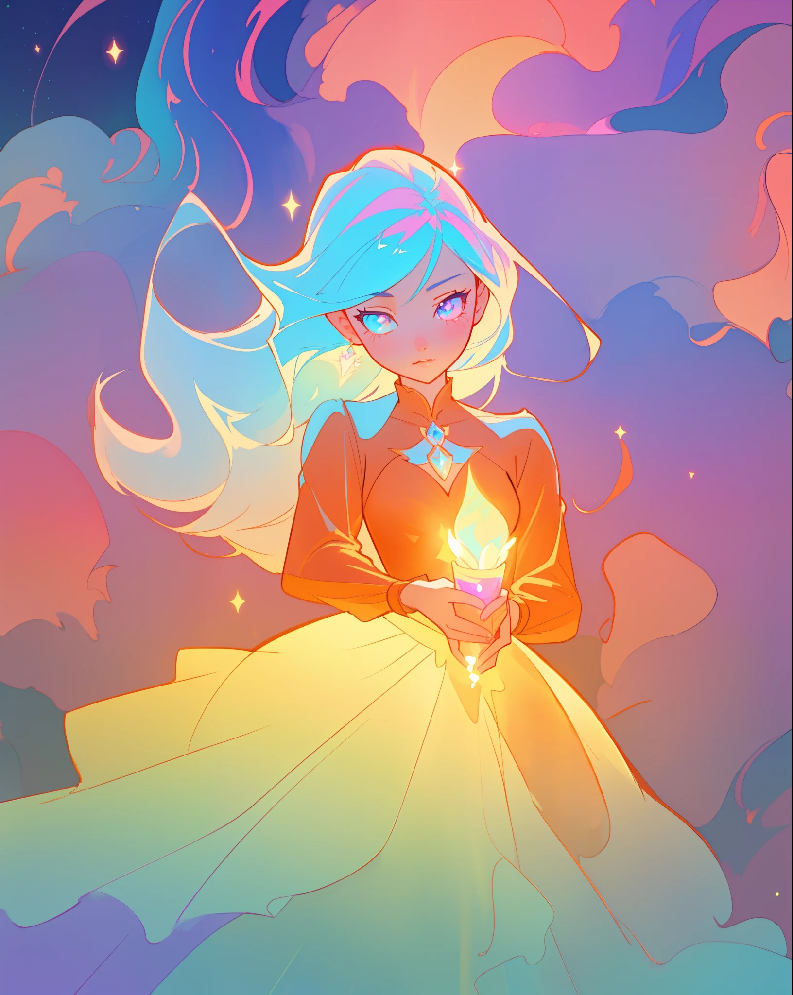 beautiful anime girl in an intricately tierred layered ballgown, flowing long sleeves, ballgown dress design, delicate face, young beautiful girl, flowing gown, inspired by Glen Keane, inspired by Lois van Baarle, disney art style, by Lois van Baarle, glowing aura around her, by Glen Keane, jen bartel, glowing lights! digital painting, flowing glowing hair, glowing flowing hair, beautiful digital illustration, fantasia background, whimsical, magical, fantasy, beautiful face, ((masterpiece, best quality)), intricate details, highly detailed, sharp focus, 8k resolution, sparkling detailed eyes, liquid watercolor