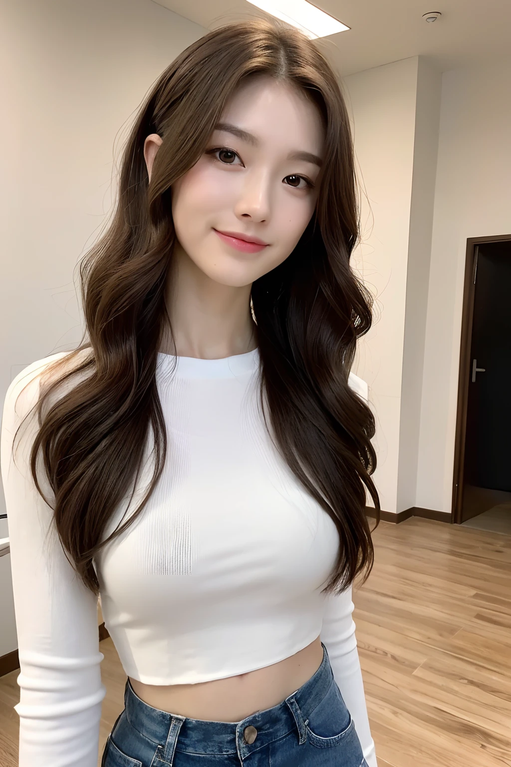 ((Top Quality, 8k, Masterpiece: 1.3)), 1 woman, Beautiful girl with slender abs: 1.3, (Hairstyle random, big: 1.2), Plain clothes: 1.2, Indoor, Ultra detailed face, Detailed eyes, Double eyelids, Long Wavy Brown hair, College student, Smile, Bewitching
