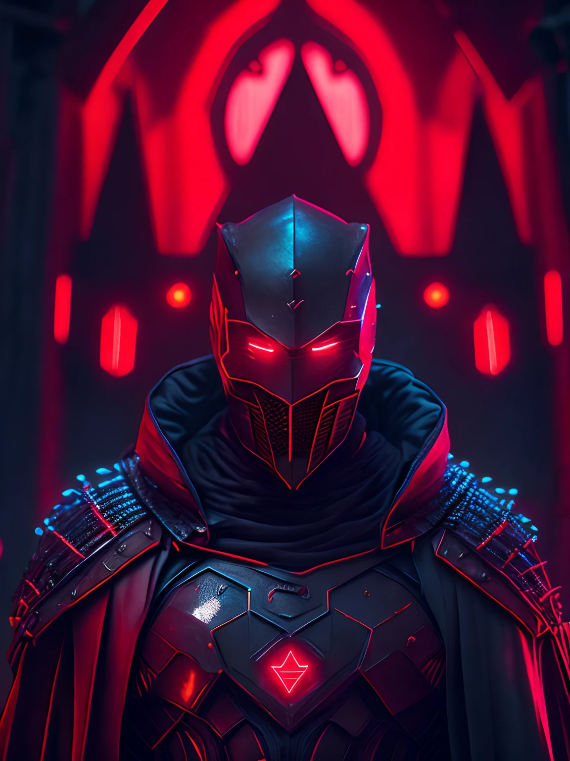Grim portrait of DC's Terminator Red Hood with intricate angular cybernetic implants inside a brutalist building, gothic brutalist cathedral, cyberpunk, Foto premiada, Bokeh, Neon lights, cybernetic limb