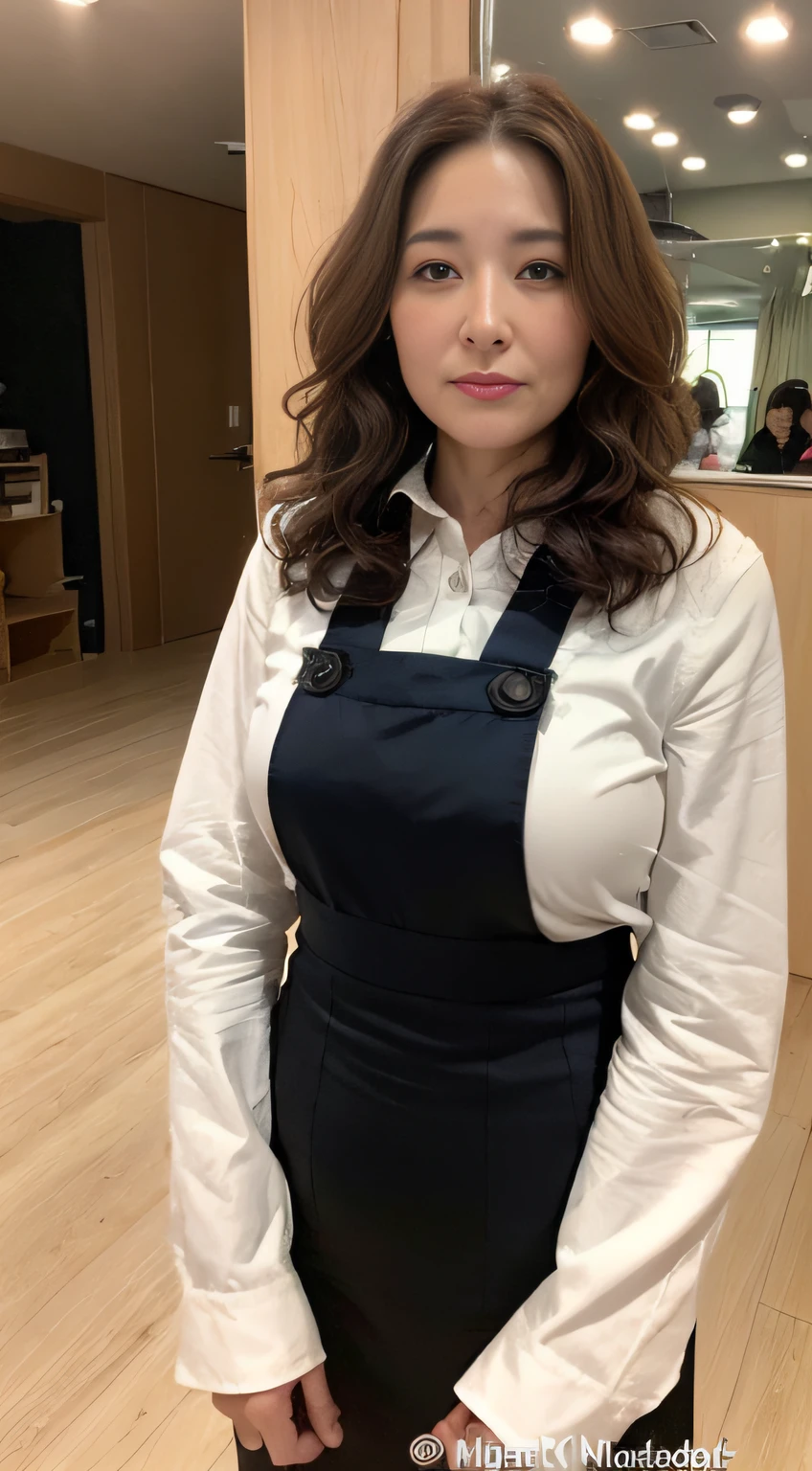 ((midynight, Need, 8K, tmasterpiece:1.3)), full bodyesbian, Long legs, Focalors:1.2, perfect figure beautiful woman:1.4, ((Dark brown hair)), (suspender skirt, standing on your feet:1.2), ((sobu)), Highly detailed facial and skin texture, A detailed eye, 二重まぶた,Beauty,Wavy hair, Wrinkles at the corners of the eyes, to emphasize, ,(Big breasted 1.2),35yo, Wrinkled eyes,