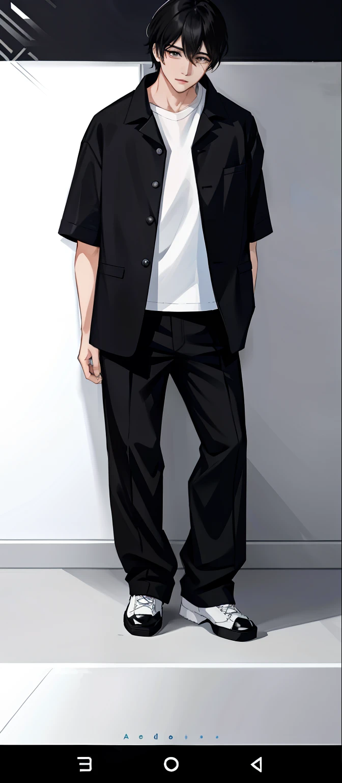 arafed man in a white shirt and black pants standing in front of a white wall, full body picture, black suit pants, outfit photograph, black trousers, wearing black modern clothes, black pants, full body full height, wearing causal black suits, basic, he is wearing a black, portrait full body, lookbook, full body photograph