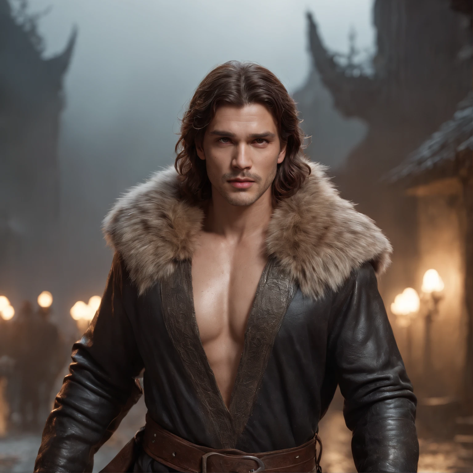 (professional 3d render:1.3) af (Realistic:1.3) most beautiful artwork photo in the world,Features soft and shiny male heroes, ((Epic hero fantasy muscle man rough wet hero angry looking long hair short beard and ferocious expression in dynamic pose, Fantastic location, Majestic cluttered environment)), Full body 8K unified rendering, action shot, skin pore, very dark lighting, heavyshading, Detailed, Detailed face, (vibrant, photograph realistic, Realistic, Dramatic, Dark, Sharp focus, 8K), (Old leather garments damaged by weathering:1.4), ((((Wear fur)))), (Intricate:1.4), decadent, (Highly detailed:1.4), Digital painting, rendering by octane, art stations, concept-art, smooth, Sharp focus, illustration, Art germ, (loish:0.23), wlop ilya kuvshinov, and greg rutkowski and alphonse mucha gracias, (Global illumination, Studio light, volumettic light), heavy rain, particles floating, lotr, fantasy, elf, full bodyesbian, ((Dark and ancient city background:1.3)),CGSesociety,art stations