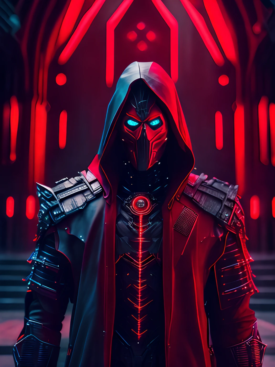 Grim portrait of DC's Terminator Red Hood with intricate angular cybernetic implants inside a brutalist building, gothic brutalist cathedral, cyberpunk, Foto premiada, Bokeh, Neon lights, cybernetic limb