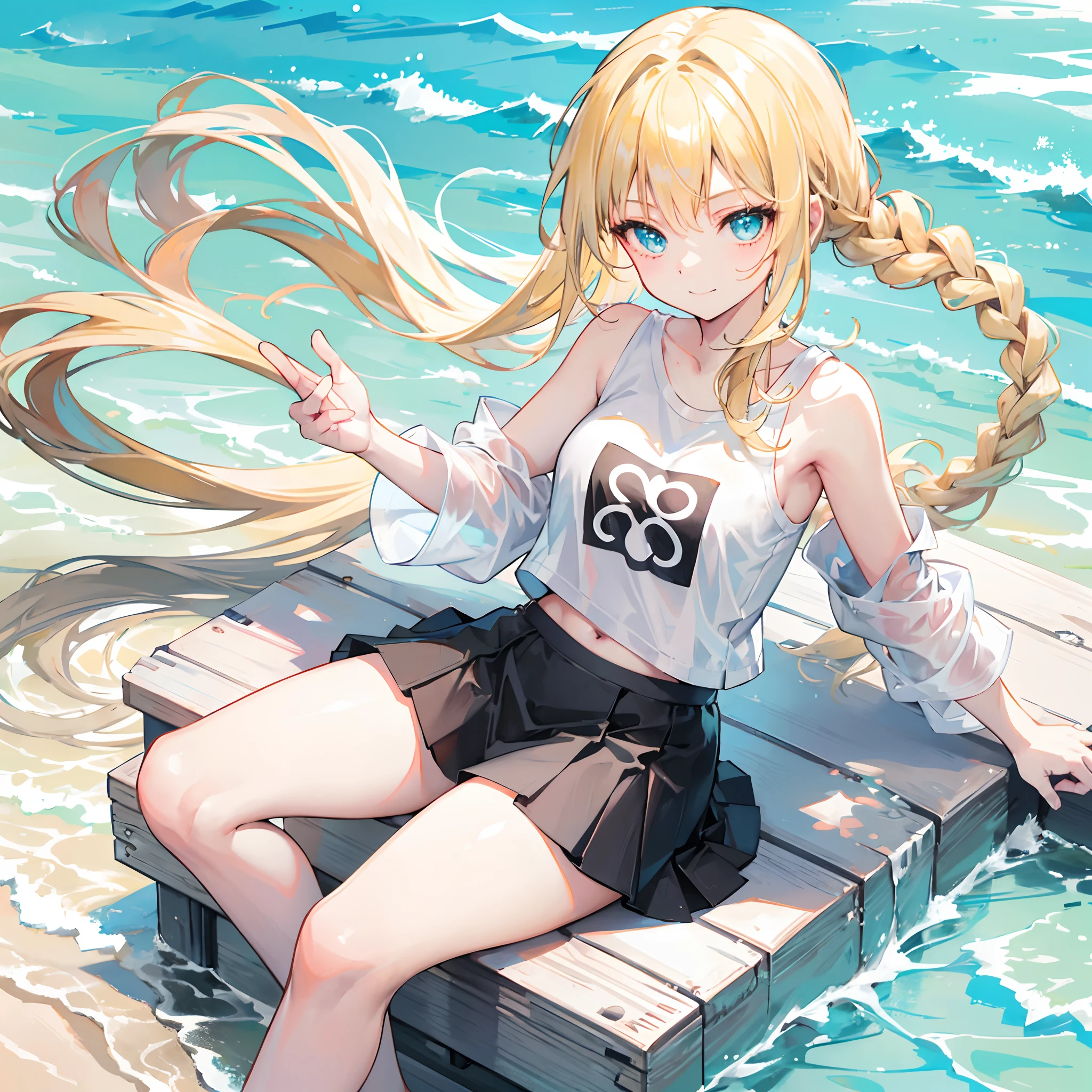 18-year-old blonde girl, Turquoise eyes, long-haired,Braid left and right, White T-shirt,Black skirt ... Show off your legs....on the sea, On the white sandy beach...With a slightly smiling face..........