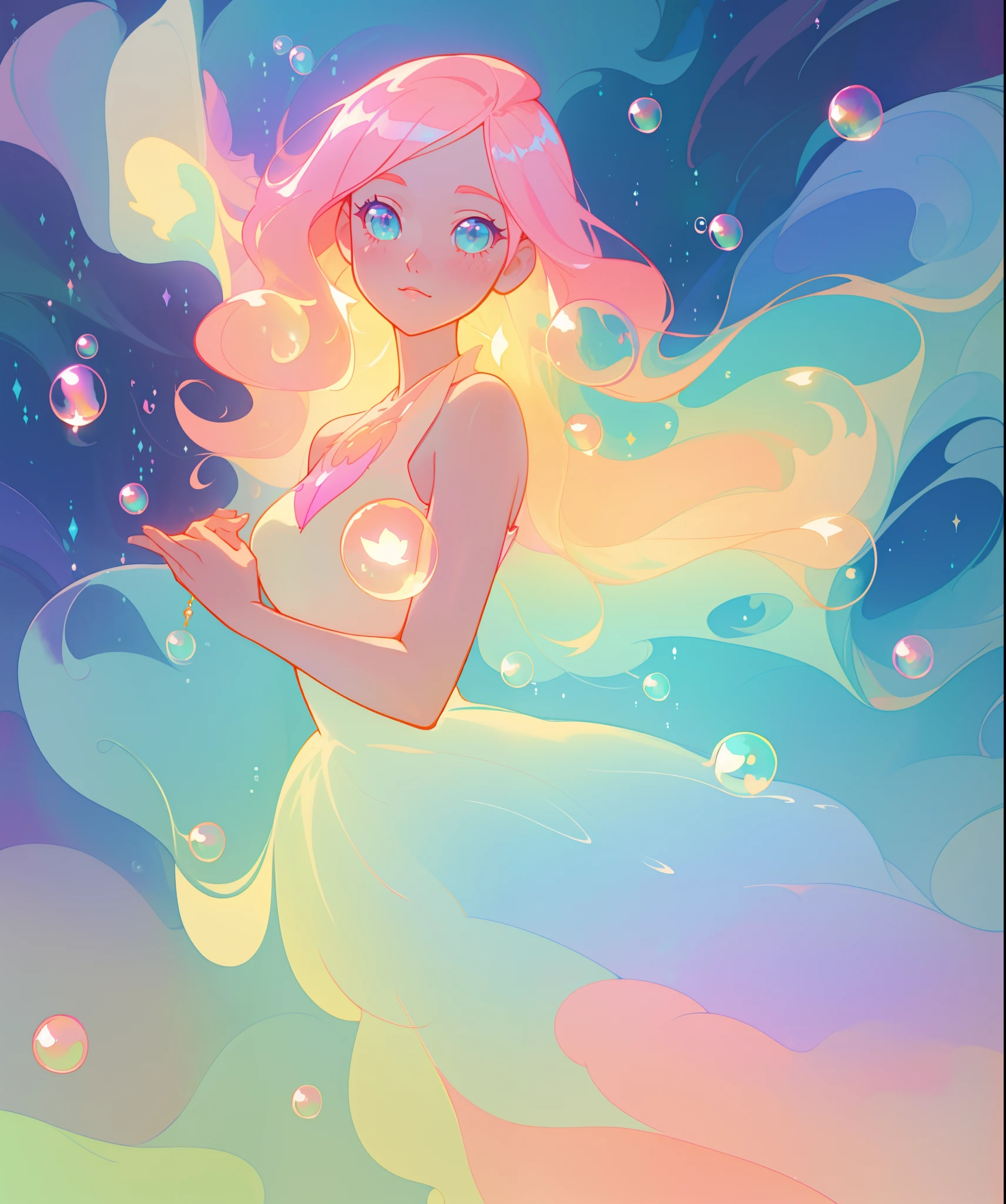 beautiful anime girl in colorful liquid dress, vibrant pastel colors, flowing long pink peach hair, beautiful white layered ballgown, (colorful), magical lights, sparkling lines of light, inspired by Glen Keane, inspired by Lois van Baarle, disney art style, by Lois van Baarle, glowing aura around her, by Glen Keane, jen bartel, glowing lights! digital painting, flowing glowing hair, glowing flowing hair, beautiful digital illustration, fantasia background, whimsical, magical, fantasy, beautiful face, ((masterpiece, best quality)), intricate details, highly detailed, sharp focus, 8k resolution, sparkling detailed eyes, liquid watercolor, (((bubbles)))