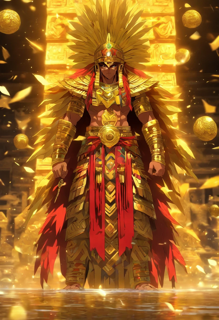 (((God of Gold))) best quality, very high resolution, detailed CG in 4K, masterpiece, Aztec mythology, god of gold, Xipe Totec, red feathers, trees in the background, Mexico, standing pose, Aztec clothing , Aztec city, ((full body)), aesthetics, beautiful image, centered on screen, standing pose